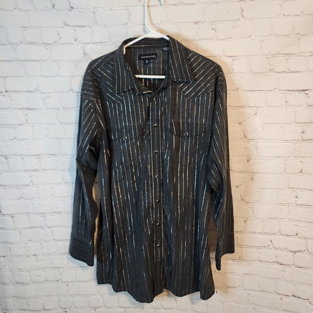 Men's Panhandle Slim Pearl Snap Charcoal and White Striped Shirt, Size XL